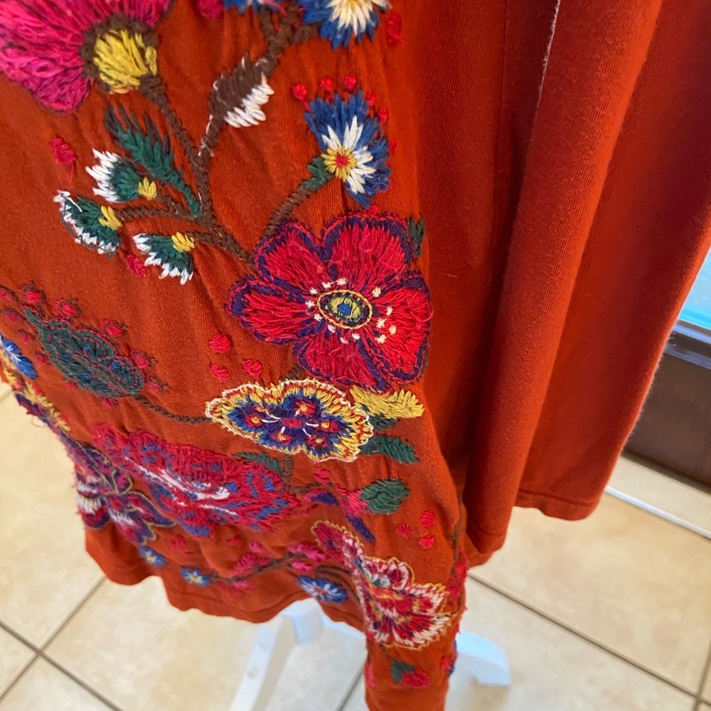Johnny Was Reddish Orange long sleeve Ruffle Top with Floral Embroidery size M